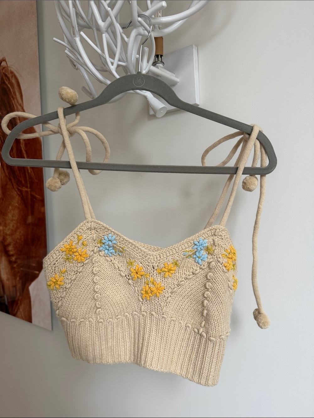 LoveShackFancy Cream Crochet Floral Knit Crop Top with Tie Straps